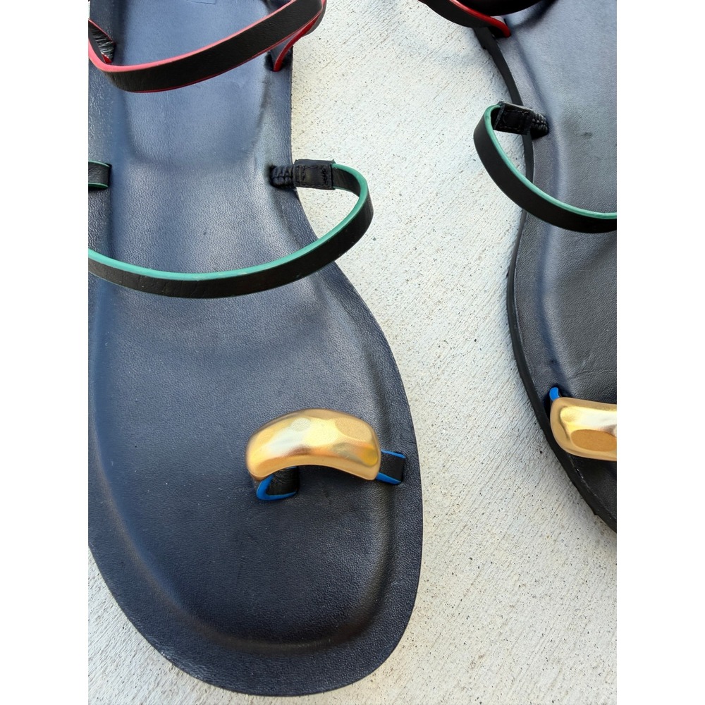Larroude Biarritz Flat Sandals Black Multi Leather Gold Toe Ring Strappy Size 9 - Picture 3 of 8
